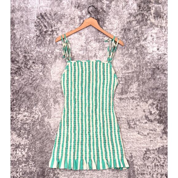 Free People Dress Small Womens Rylee Green Striped Smocked Mini - Picture 1 of 8